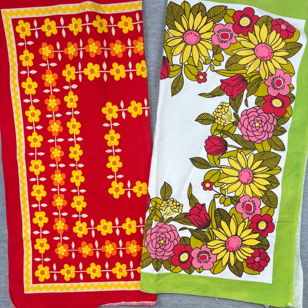 Vintage Vlisco Dutch Print Scarf Tablecloth Fabric 2 Pc Lot Retro